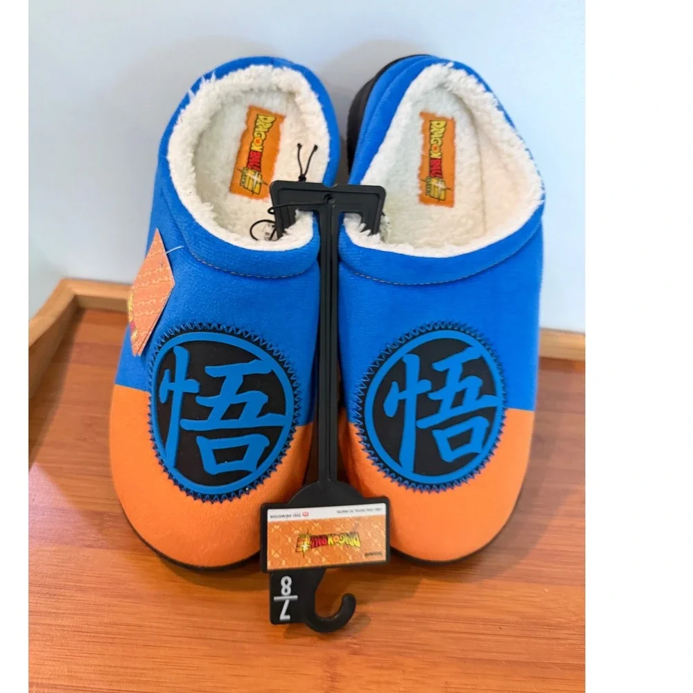 Dragon Ball Super Goku Slippers Mens 7-8 Blue Orange Kanji Faux Fur House Shoes